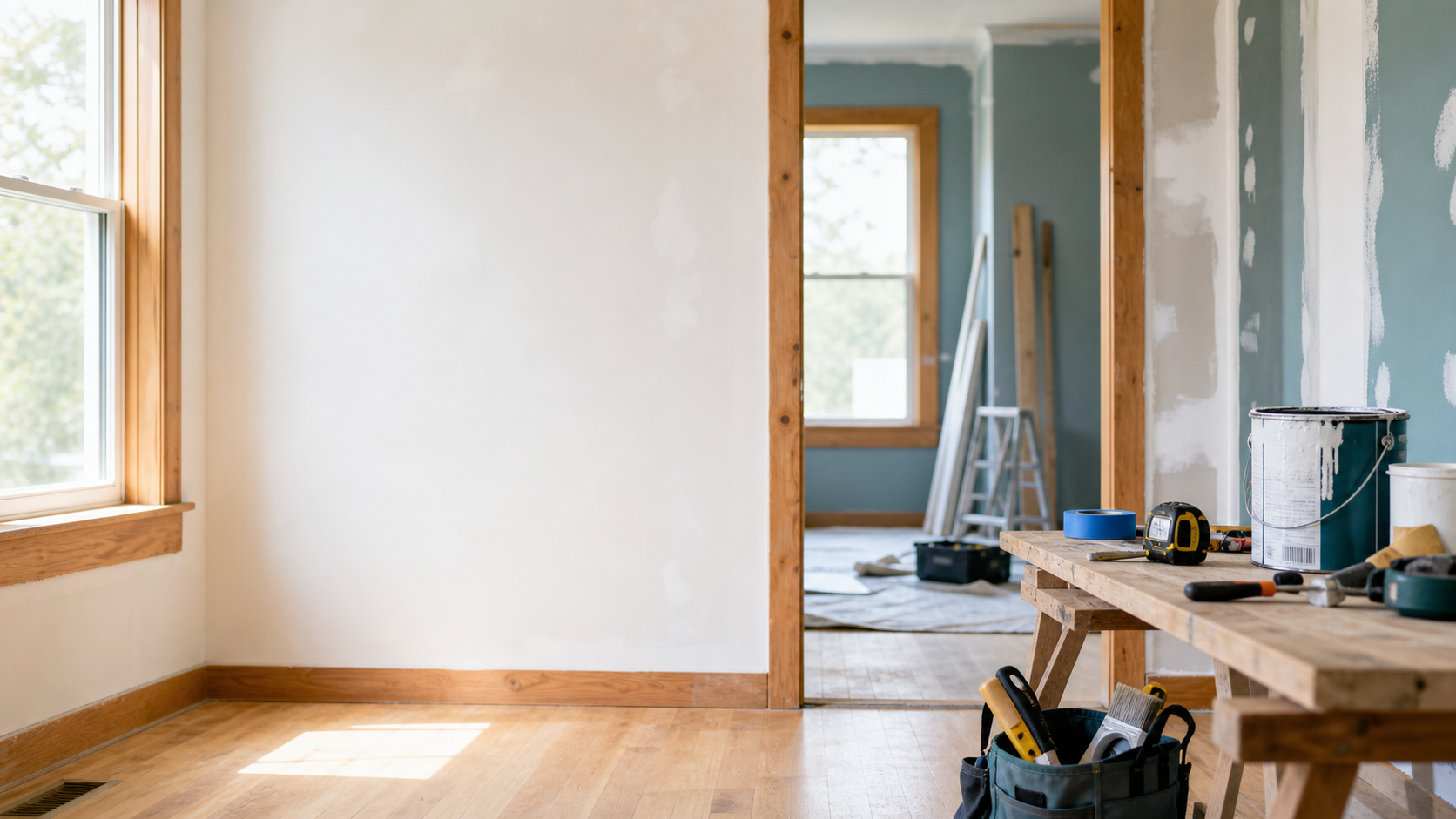 A clean home renovation workspace with tools and unfinished trim.